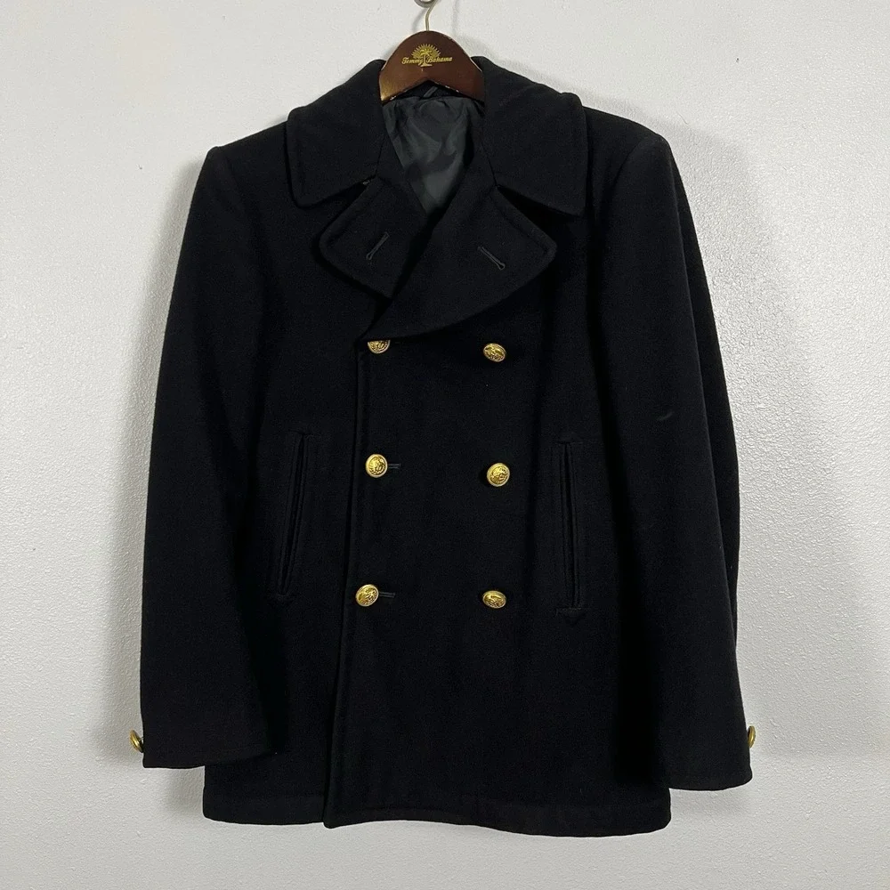 Mens Black Double Breasted Wool‎ Peacoat Military Style Gold Buttons 34S